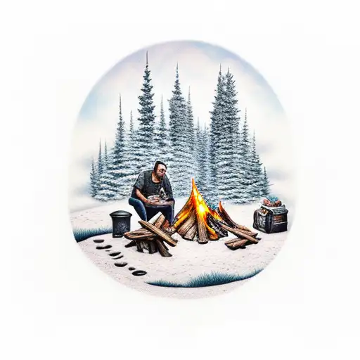 Father Daughter Sitting By A Campfire In The Mountains