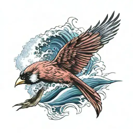 Cardinal Flying Under An Ocean Wave With Palm Tree Background