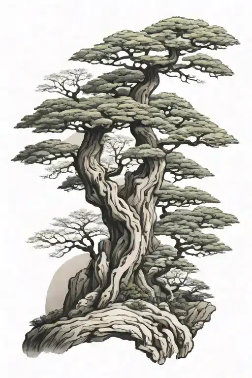 Japanese Mountians With Bonsai Tree