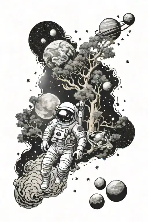 Milky Way With Astronaut And Tree With Planets Orbiting