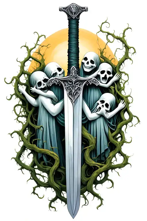 Sword With Vines Wrapped And Ghosts Hugging On Top