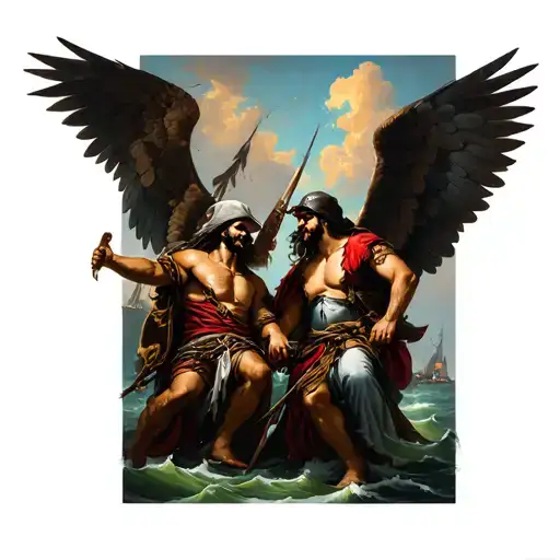 Good Versus Evil Scene With Pirate Battle Angels Demons