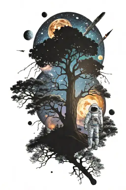 Milky Way With Astronaut And Tree With Planets Coming