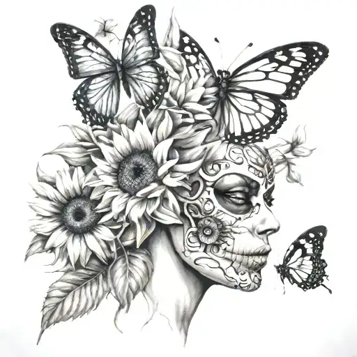 Half Woman Half Skull Butterfly Sunflowers