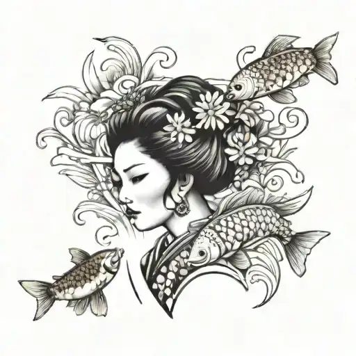 Geisha Holding A Fan With A Koi Fish Swimming Around Her