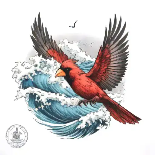 Cardinal Flying Under An Ocean Wave Breaking With A Palm Tree