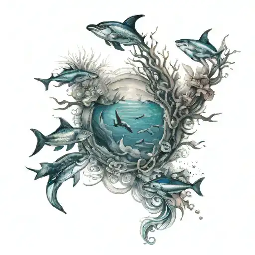 Ocean Scenery Tattoo Featuring 6 Different Names Incorporated