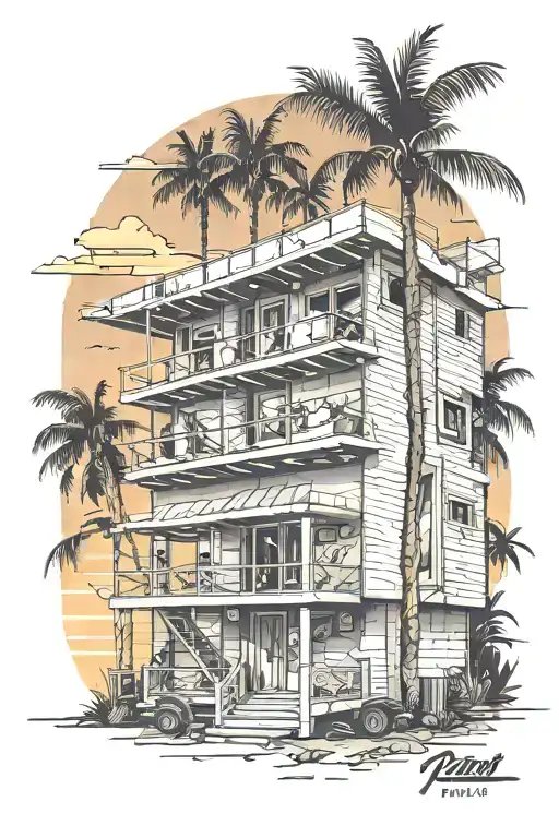 Human Builder Building A Cement House Palm Trees Colors Sunset