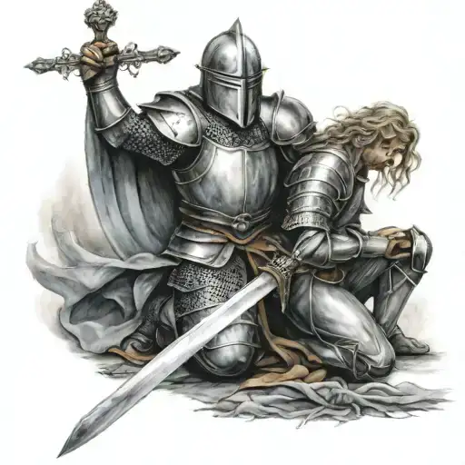 Knight Holdign Sword Kneeling To Angel