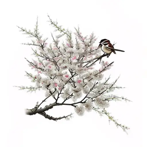 Sparrow Holding Cherry Blossom Sparrow Is Black Branches Are Black Cherry Blossoms Are Bright Pink