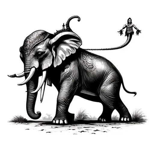 Detailed Black And White Historic India War Elephant Attacking Against Evil