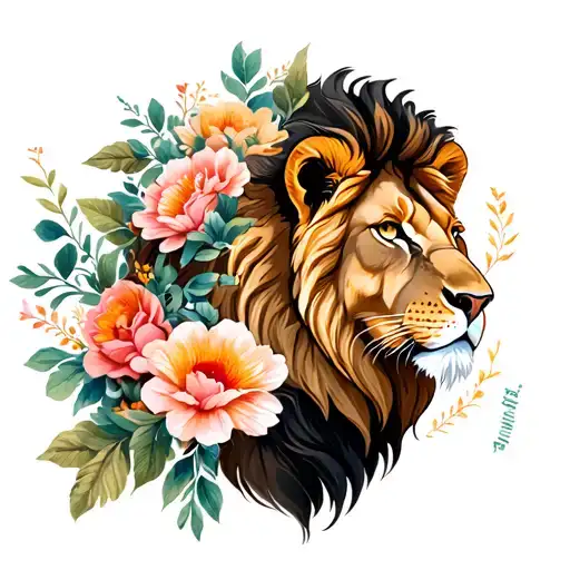 Lion And Flowers Thigh And Leg Sleeve Tattoo Design