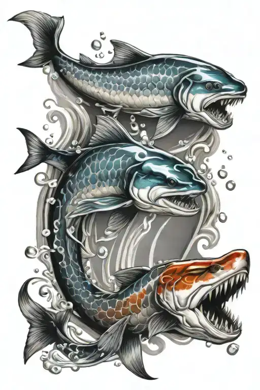 Koi Fish And Shark With Letter D In Diamonds In Water