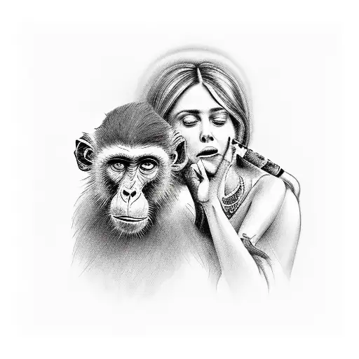 A Realistic Portrait Of Mary Smoking Weed With A Monkey On Her Shoulder
