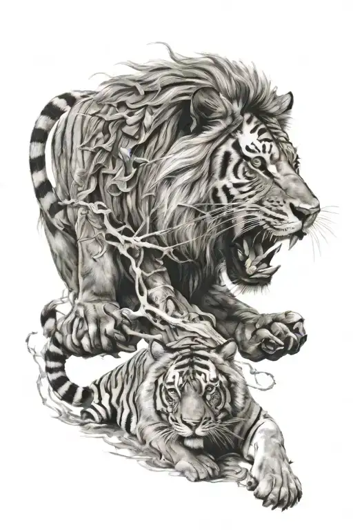 Lion Fighting A Tiger Surrounded