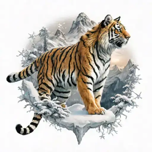 Snow On Top Of A Mountain With Full Body Smalk Tigress And 8 Stars