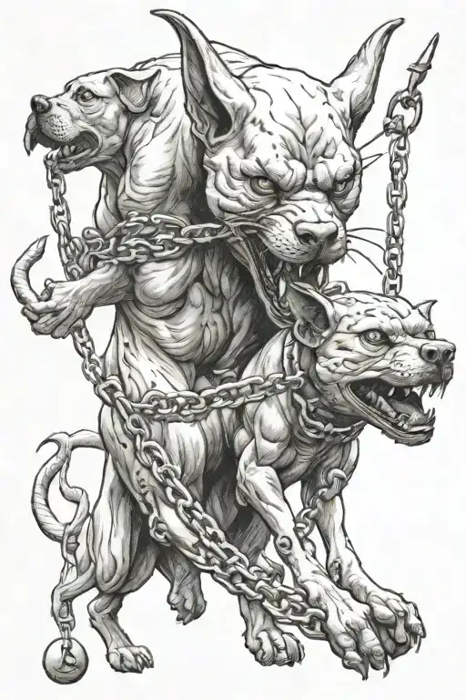 Devil Holding The Leash To A Three-headed Dog