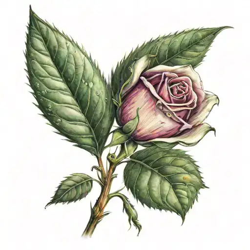 Barely Open Rosebud With Stem A Leaf And A Couple Of Droplets