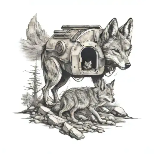 Coyote And Pup Leaving A Fallout Vault In An Arizona Mountain