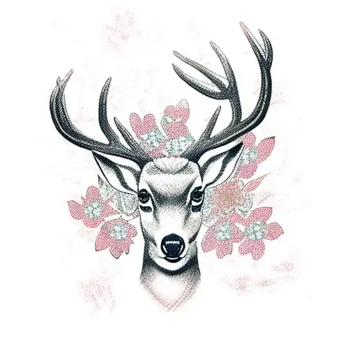 Deer With Sakura Flowers And Viking Runes On The Fingers