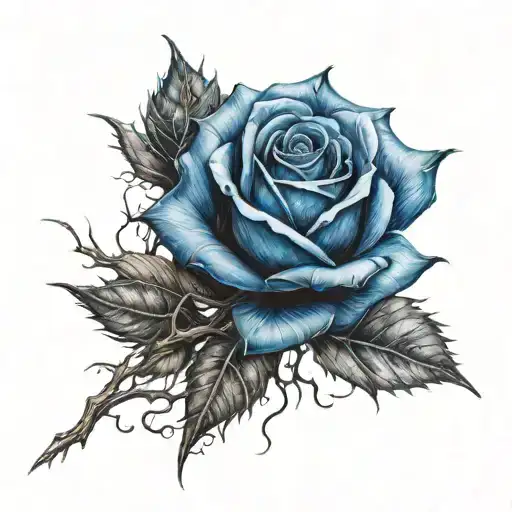Realistic Blue Rose With Thorns Coming Out Wrapping Around Arm