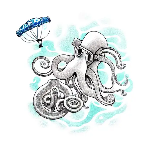 Balloon Dog In Scuba Gear Near A Shipwreck With Sea Life And An Octopus
