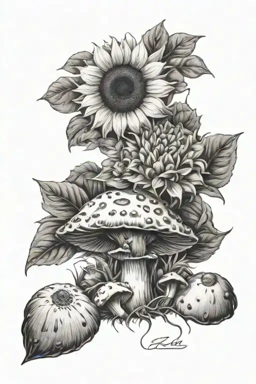 Sunflower And Mushrooms With Toad