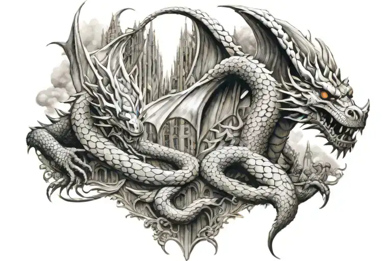 Dragon With Cathedral In Back And Jewels