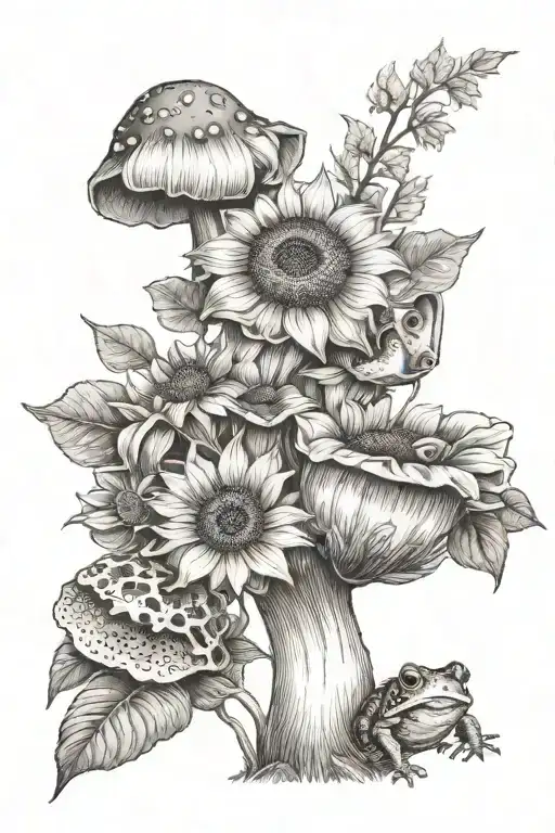 Sunflower And Mushrooms With Toad Sitting