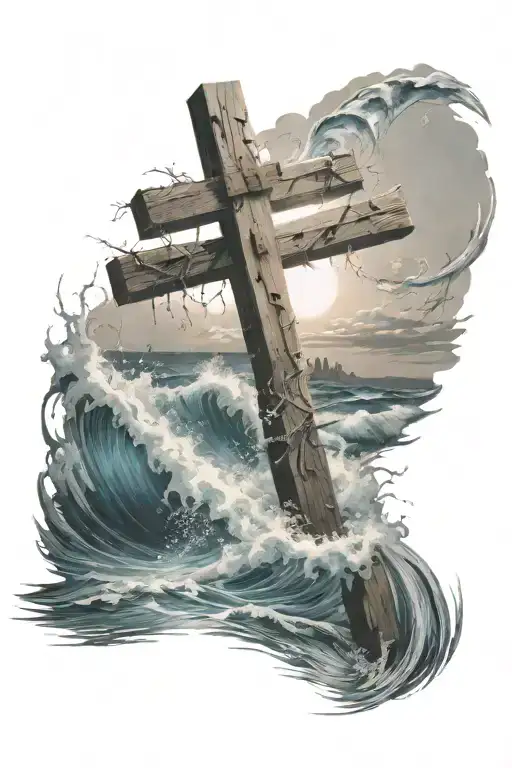 With An Empty Cross In The Foreground Sitting In The Middle Of Crashing Waves With Light Spreading
