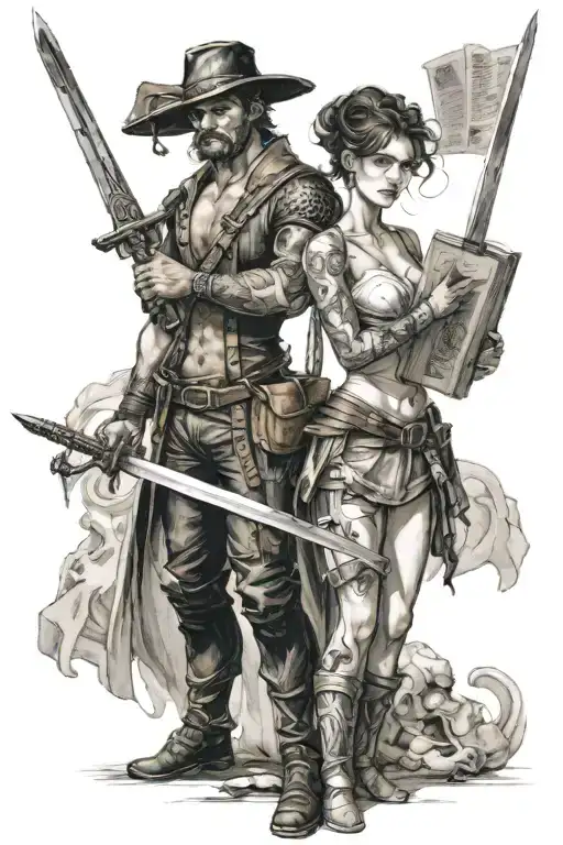 A Man With A Book Stands Next To A Woman With Swords