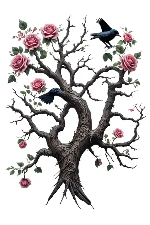Witches Oak Tree Crow Flying Roses Wrapped