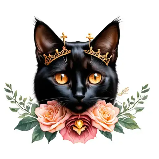 Black Cat Portrait Tattoo Brown Eyes With A Crown