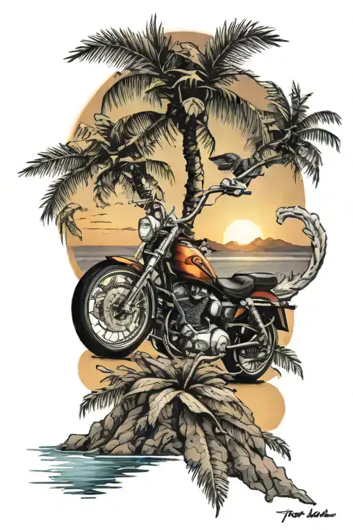Motorcycle Mountains Sea Palm Sunset