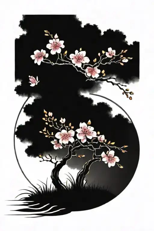 Cherry Blossom Trees With Rising Sun