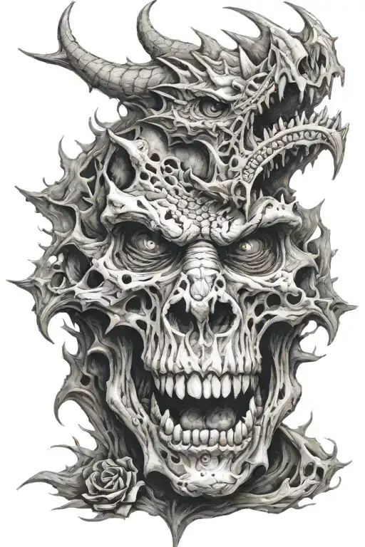 Dragon Face With Skull In Mouth Surrounded