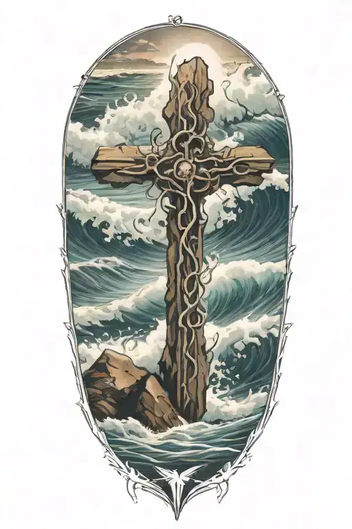 With An Empty Cross In The Foreground Sitting In The Middle Of Crashing Waves With Light Spreading