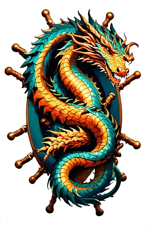 Dragon Wrapped Around Ship Wheel Intertwined