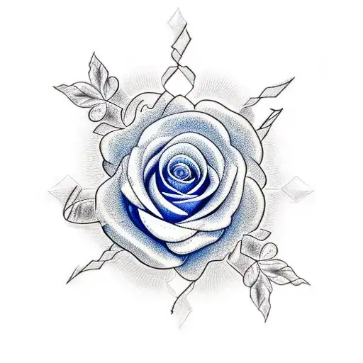 A Realistic Blue Rose Intertwined With A Pair Of Barber Scissors And Comb