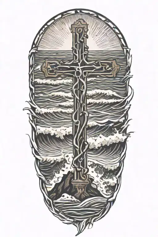 With An Empty Cross In The Foreground Sitting In The Middle Of Crashing Waves With Light Spreading