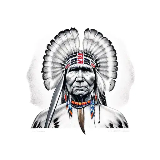 Indian Chief Holding Tomahawk With Bald Eagle On Shoulder