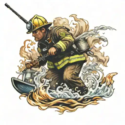 A Realistic Portrait Of A Firefighter Battling Flames While Fishing On A Boat