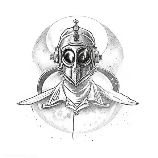 Black And White Military Doctor Wearing A Plague Mask In Combat With Moon In Background