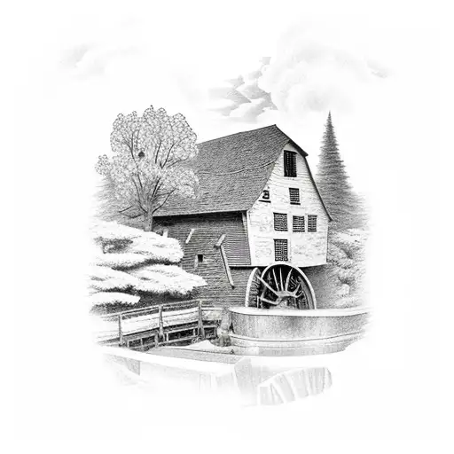 Bee Flying Around A Watermill And Willow Tree