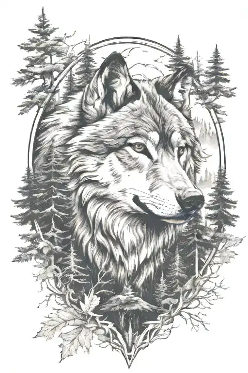 Wolf Head And Forest Scene