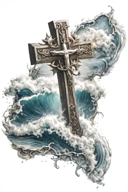 With A Cross In The Foreground Sitting In The Middle Of Crashing Waves With Light Spreading