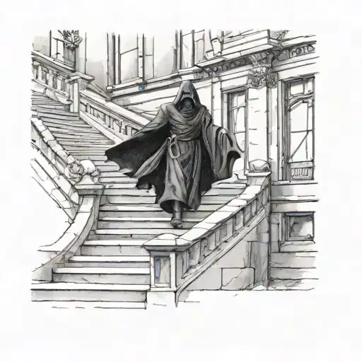 People Walking Down Stairs To Meet Grim Reaper Holding