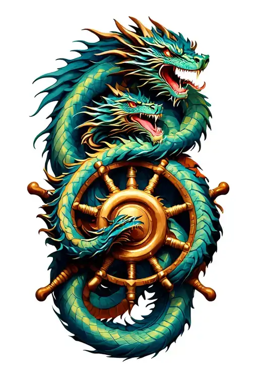 3 Dragons Wrapped Around Ship Wheel Intertwined