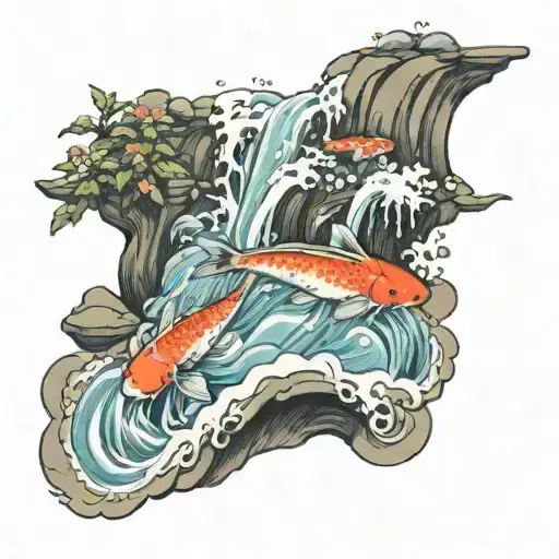 Koi In A Waterfall In Hokusai Art Style