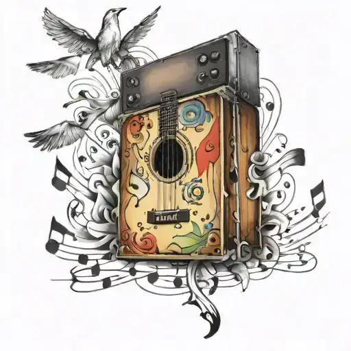 A Colorful Tattoo Of A Box Guitar Surrounded By Music Notes And Doves